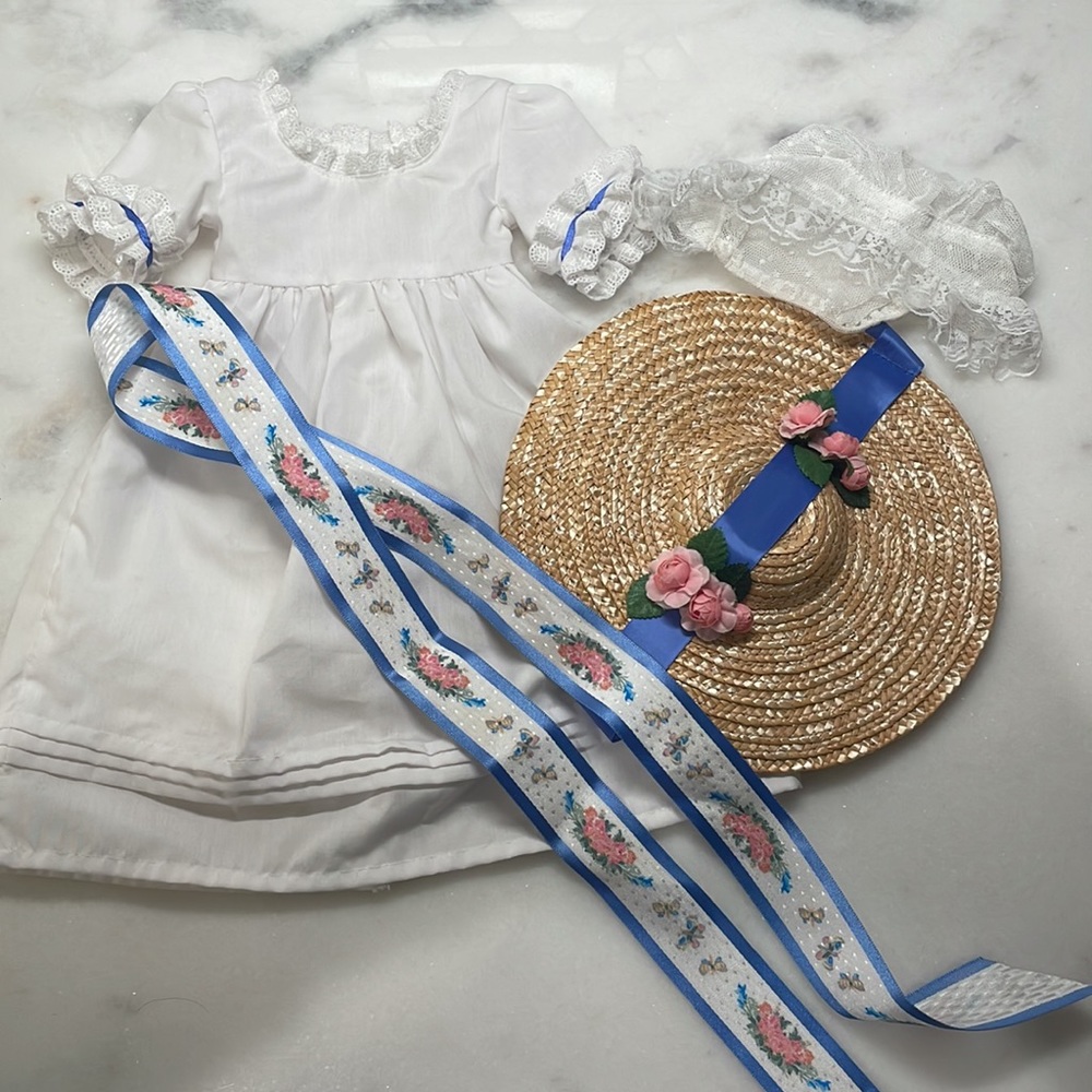 American Girl Felicity’s Summer Gown, Lace Cap, Straw hat, and flower ribbon